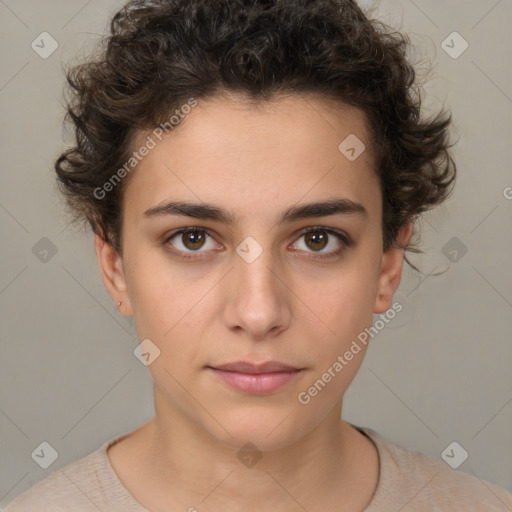 Neutral white young-adult female with short  brown hair and brown eyes