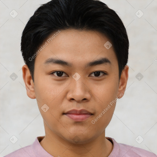 Joyful asian young-adult male with short  black hair and brown eyes