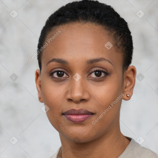 Joyful latino young-adult female with short  black hair and brown eyes