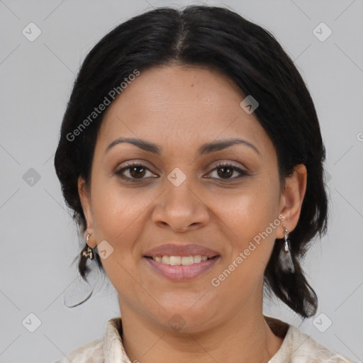 Joyful latino young-adult female with medium  brown hair and brown eyes