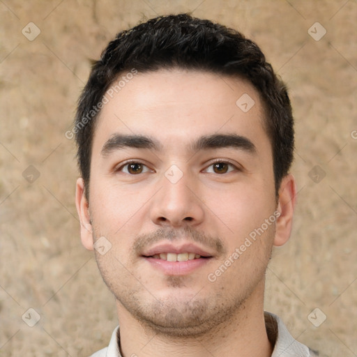 Neutral white young-adult male with short  black hair and brown eyes