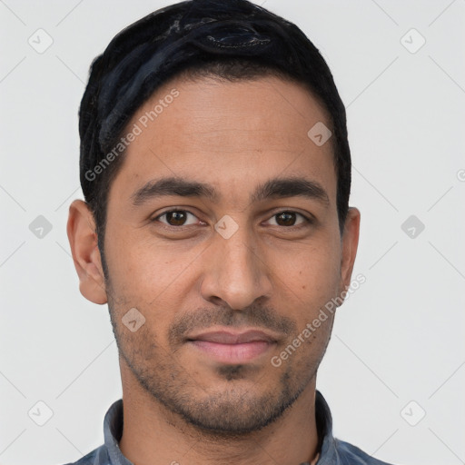 Neutral latino young-adult male with short  black hair and brown eyes