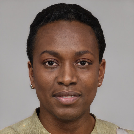 Neutral black young-adult female with short  black hair and brown eyes