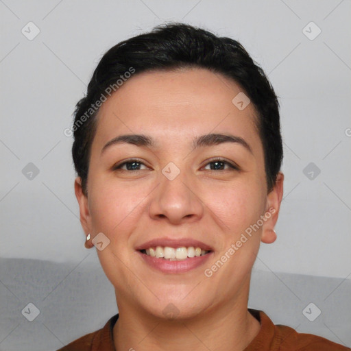 Joyful white young-adult female with short  brown hair and brown eyes