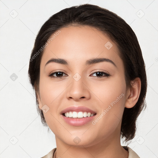 Joyful white young-adult female with medium  black hair and brown eyes