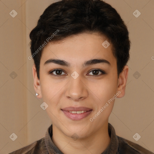 Joyful latino young-adult female with short  brown hair and brown eyes