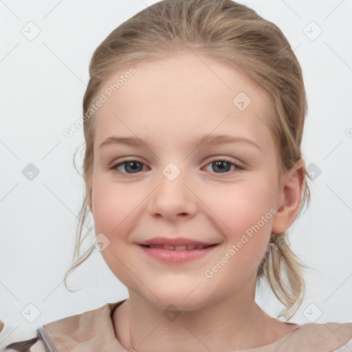 Joyful white child female with medium  brown hair and grey eyes