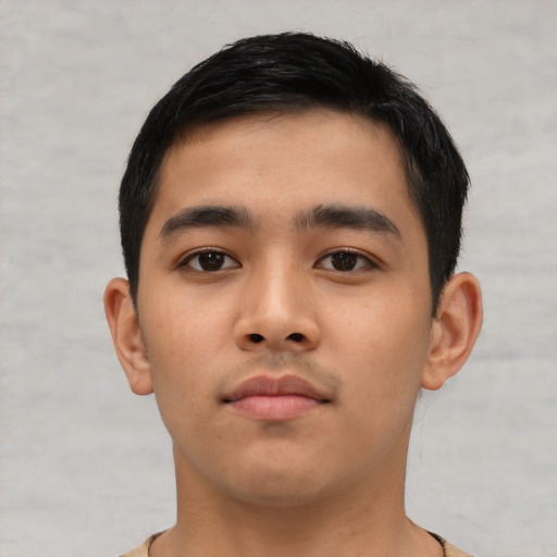 Neutral asian young-adult male with short  black hair and brown eyes