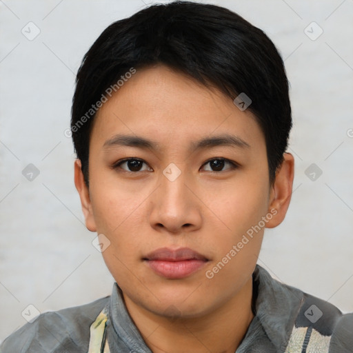 Neutral asian young-adult female with short  black hair and brown eyes