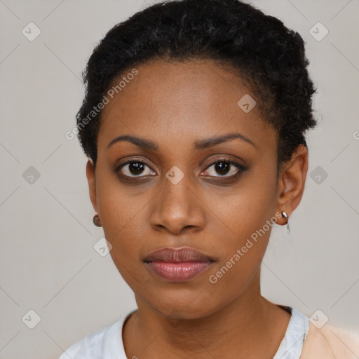 Neutral black young-adult female with short  black hair and brown eyes