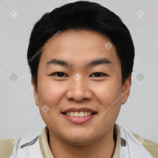 Joyful asian young-adult male with short  black hair and brown eyes