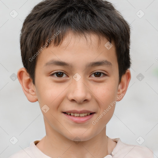 Joyful white child male with short  brown hair and brown eyes
