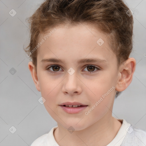 Joyful white child male with short  brown hair and brown eyes