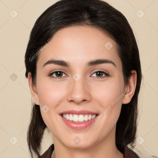 Joyful white young-adult female with medium  brown hair and brown eyes