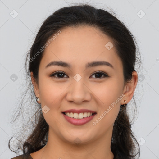 Joyful white young-adult female with long  brown hair and brown eyes