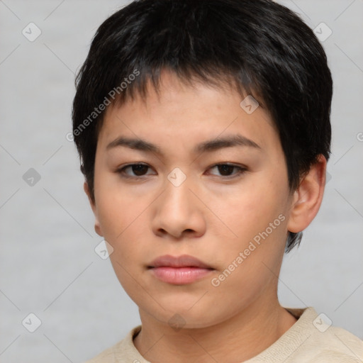 Neutral asian young-adult female with short  brown hair and brown eyes