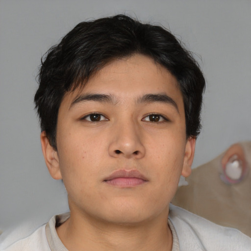 Neutral asian young-adult male with short  brown hair and brown eyes