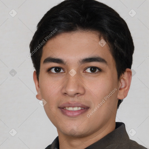 Joyful asian young-adult male with short  brown hair and brown eyes