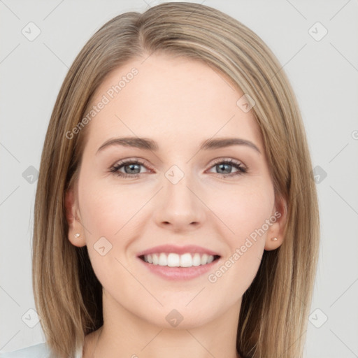 Joyful white young-adult female with long  brown hair and grey eyes