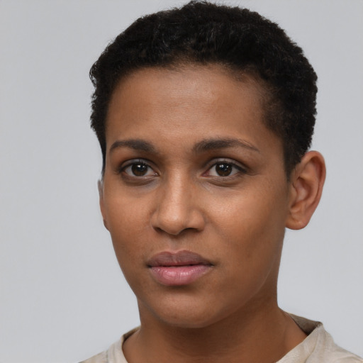 Neutral black young-adult female with short  black hair and brown eyes