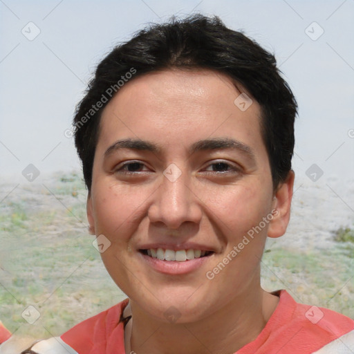 Joyful white young-adult female with short  brown hair and brown eyes