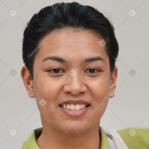 Joyful asian young-adult female with short  brown hair and brown eyes