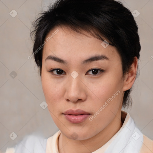 Neutral white young-adult female with medium  brown hair and brown eyes