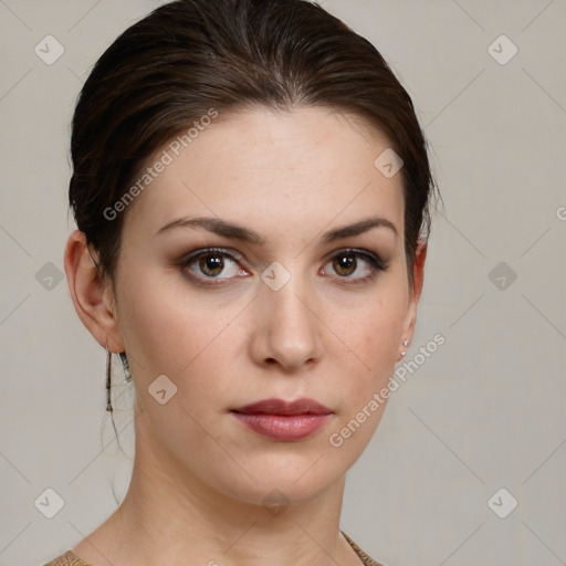 Neutral white young-adult female with short  brown hair and brown eyes