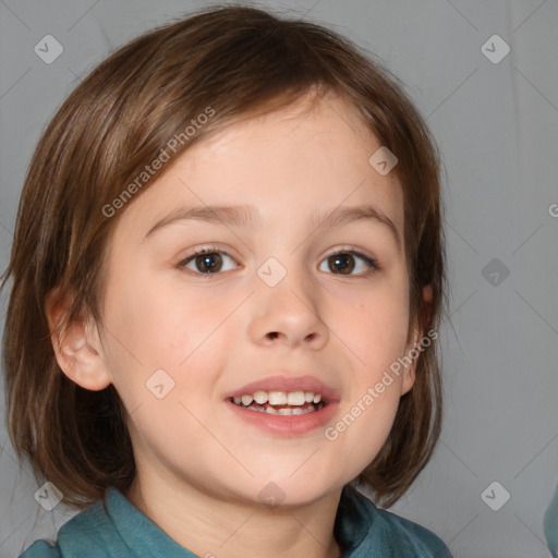 Joyful white child female with medium  brown hair and brown eyes