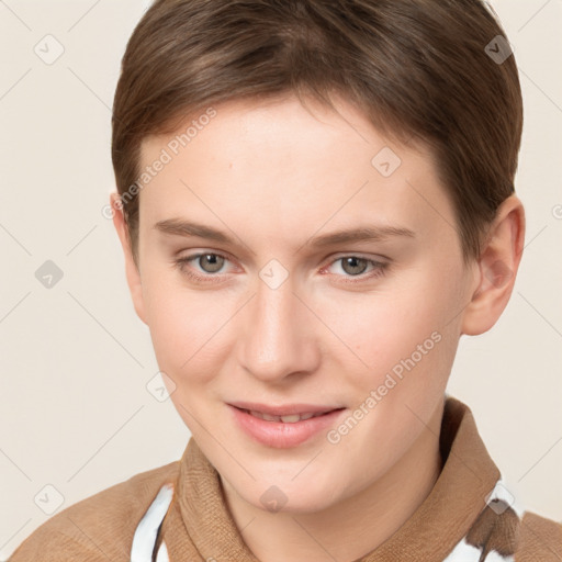 Joyful white young-adult female with short  brown hair and grey eyes