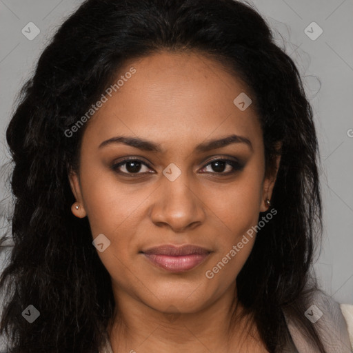 Joyful black young-adult female with long  brown hair and brown eyes