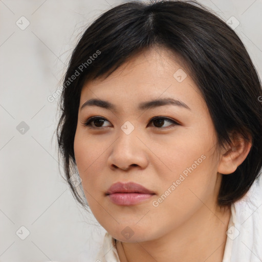 Neutral asian young-adult female with long  brown hair and brown eyes