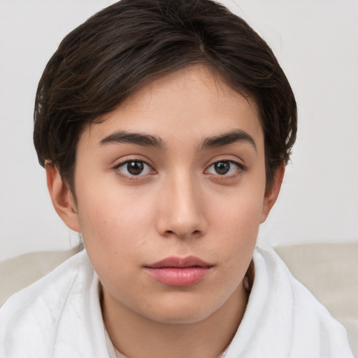 Neutral white young-adult female with short  brown hair and brown eyes