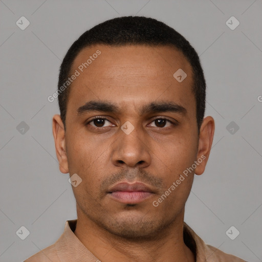 Neutral latino young-adult male with short  black hair and brown eyes