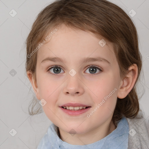 Joyful white child female with medium  brown hair and brown eyes