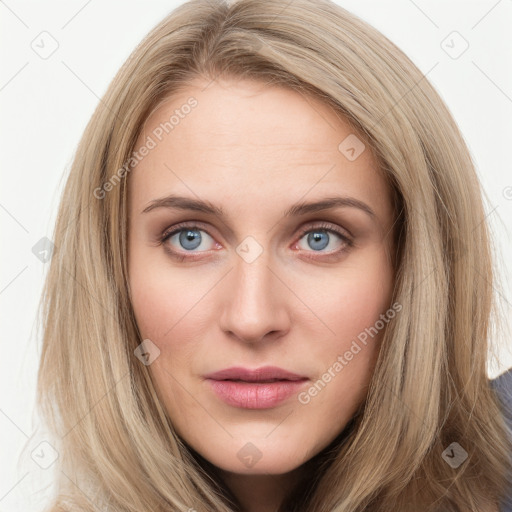 Joyful white young-adult female with long  brown hair and blue eyes