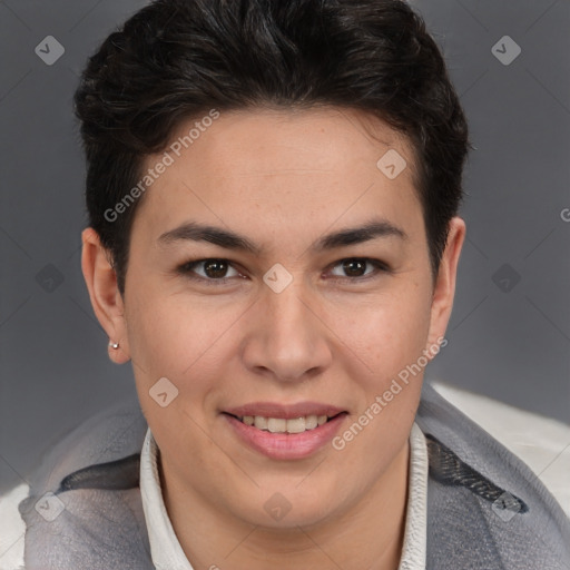 Joyful white young-adult female with short  brown hair and brown eyes