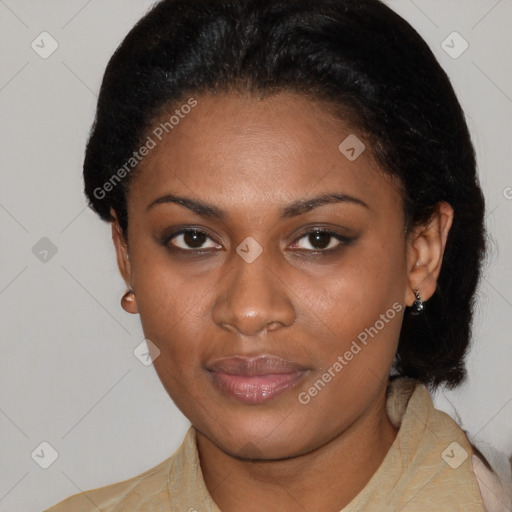 Joyful latino young-adult female with short  black hair and brown eyes