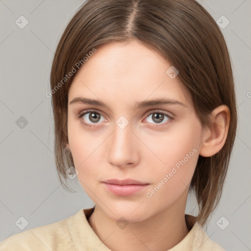 Neutral white young-adult female with medium  brown hair and brown eyes