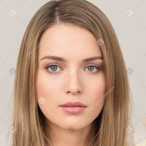 Neutral white young-adult female with long  brown hair and brown eyes