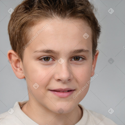 Joyful white child female with short  brown hair and brown eyes