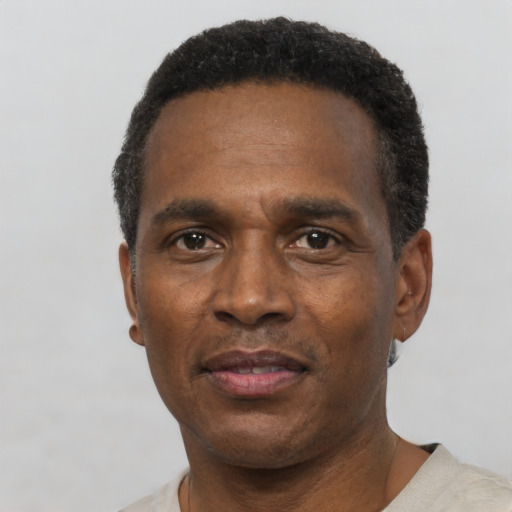 Neutral black adult male with short  black hair and brown eyes