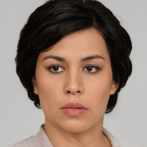 Neutral asian young-adult female with medium  black hair and brown eyes