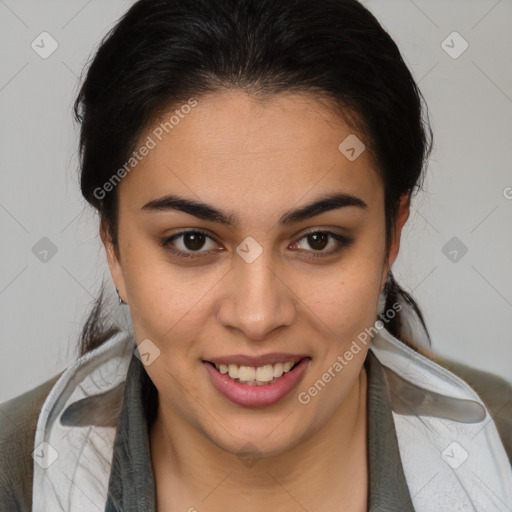 Joyful latino young-adult female with medium  brown hair and brown eyes