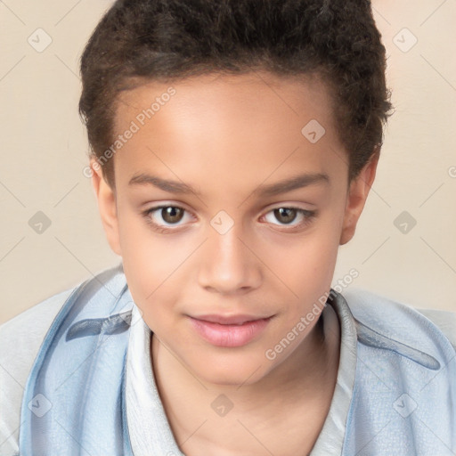 Joyful white child female with short  brown hair and brown eyes