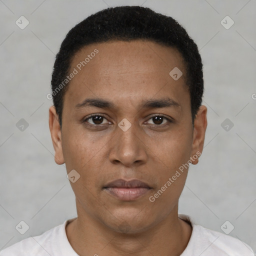 Neutral latino young-adult male with short  black hair and brown eyes