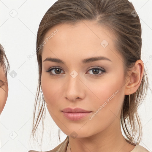 Neutral white young-adult female with medium  brown hair and brown eyes