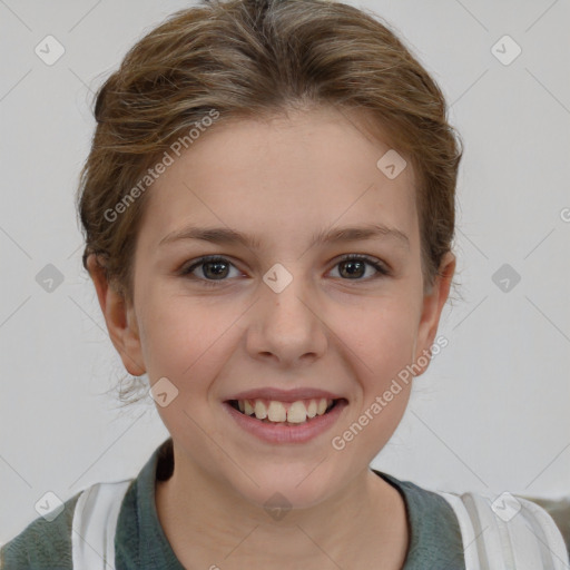 Joyful white child female with short  brown hair and brown eyes