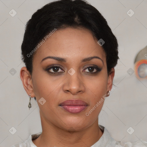 Joyful latino young-adult female with short  brown hair and brown eyes