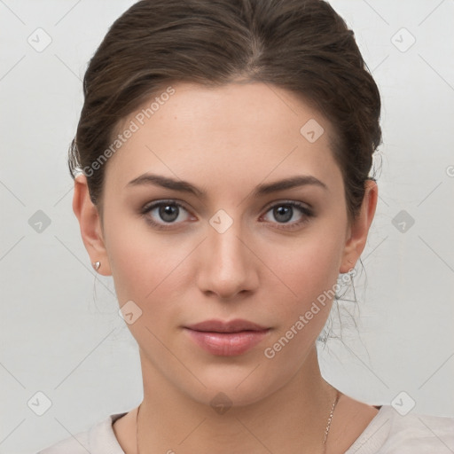 Neutral white young-adult female with medium  brown hair and brown eyes